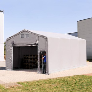 TOOLPORT 5x8 m Zelthalle - 3,0 m Seitenhöhe mit Hochziehtor, PVC 850 grau | mit Statik (Betonuntergrund)