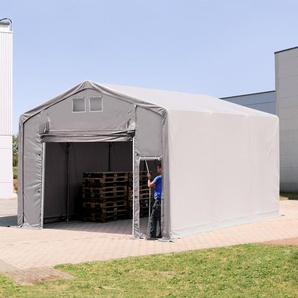 TOOLPORT 6x6 m Zelthalle - 3,0 m Seitenhöhe mit Hochziehtor, PVC 850 grau | mit Statik (Erduntergrund)
