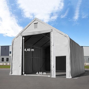 TOOLPORT Zelthalle 8x12 m mit 4x4,4 m Tor, PRIMEtex 2300 PVC Plane, feuersicher grau | mit Statik (Betonuntergrund)