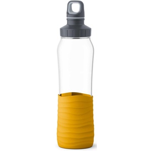 Trinkflasche EMSA Drink2Go Trinkflaschen Gr. 700 ml, gelb Trinkflaschen 0,7L, Glas, Schraubverschluss, spülmaschinenfest, Griff(Soft-Touch)