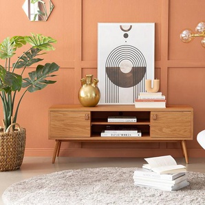 TV-Lowboard 120 cm Front & Korpus: MDF Mitteldichte Holzfaserplatte , furniert & lackiert Griffe: Kunstleder Füße: Massivholz Eiche, lackiert