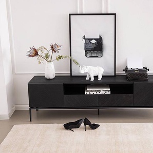TV-Lowboard Front & Korpus: MDF Mitteldichte Holzfaserplatte , furniert & lackiert Gestell: Eisen, pulverbeschichtet Schwarz 180 x 50 x 40cm
