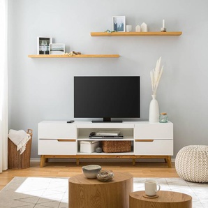 TV-Lowboard Front & Korpus: MDF Mitteldichte Holzfaserplatte , lackiert Gestell: Massivholz Asteiche, geölt Absetzung: MDF Mitteldichte