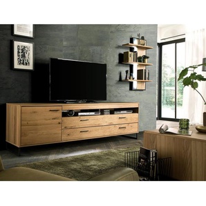 TV-Lowboard Front: Massivholz Asteiche Bianco, geölt Korpus: MDF Mitteldichte Holzfaserplatte , furniert Griffe & Füße: Metall, lackiert Braun