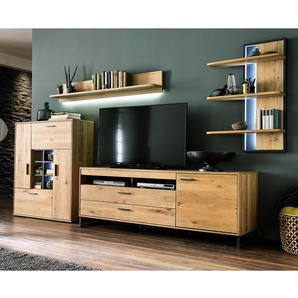 TV-Lowboard Front: Massivholz Asteiche, geölt Korpus: MDF Mitteldichte Holzfaserplatte , furniert Griffe & Füße: Metall, lackiert Braun 184cm