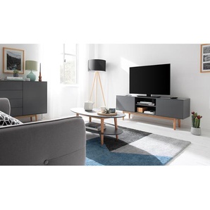 TV-Lowboard Front & Korpus: MDF Mitteldichte Holzfaserplatte , lackiert & beschichtet Gestell: Massivholz Eiche, lackiert Grau/Grau 160 x 40cm
