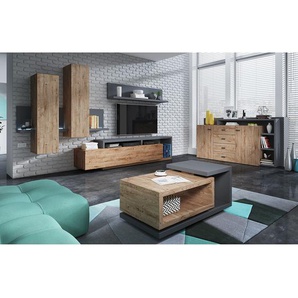 TV-Lowboard Spanplatte, foliert Grau/Eiche Dekor/Anthrazit 218 x 53 x 37cm