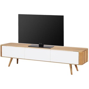 TV-Lowboard Front: MDF Mitteldichte Holzfaserplatte , lackiert Korpus & Beine: Massivholz Wildeiche, geölt Weiß/Wildeiche 180 x 42cm