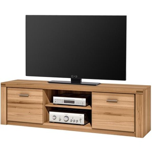 TV-Lowboard II Front & Deckplatte: Massivholz Kernbuche, geölt Korpus: Spanplatte, foliert Griffe: Aluminium, pulverbeschichtet Braun 170 x 52
