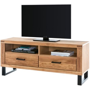 TV-Lowboard I Front: Massivholz Eiche, geölt Korpus: MDF Mitteldichte Holzfaserplatte , furniert Griffe & Gestell: Metall, pulverbeschichtet