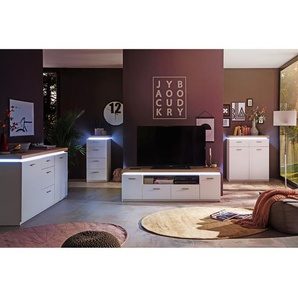 TV-Lowboard Front & Korpus: Spanplatte, beschichtet Rückwand & Schubladenböden: HDF Hochdichte Holzfaserplatte , lackiert Griffe: Metall,