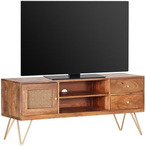 TV-Lowboard Front: Rattan / Massivholz Mango, gebeizt & lackiert Korpus: Massivholz Mango, gebeizt & lackiert Griffe & Füße: Metall, lackiert
