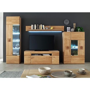 TV-Lowboard Front: Massivholz Eiche, geölt Applikationen: Hirnholz, geölt Korpus: Spanplatte, furniert & geölt Griffe: Metall, vernickelt Braun