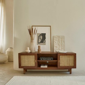 TV-Möbel aus massivem Mangoholz in Walnuss-Finish und Rohrgeflecht 140 cm