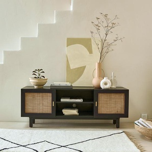 TV-Möbel aus massivem Mangoholz, schwarz und Rohrgeflecht 120 cm