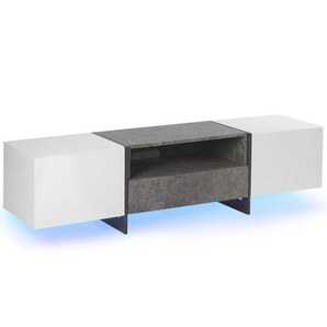 TV-Möbel Weiß Betonoptik Grau mit LED-Beleuchtung Bunt 1 Schublade 2 Schränke Metallbeine Moderner Stil