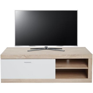 TV-Rack HWC-L33, TV-Board Fernsehtisch Lowboard TV-Schrank Kommode, Holz 43x140x41cm Staufach, Eiche-Optik, weiß
