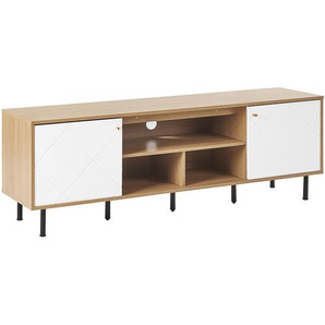 TV-Schrank Heller Holzfarbton und Weiß 160 x 56 x 40 cm für Fernseher bis 70ʺ mit Türen Stauraum Skandinavischer Stil für Wohnzimmer