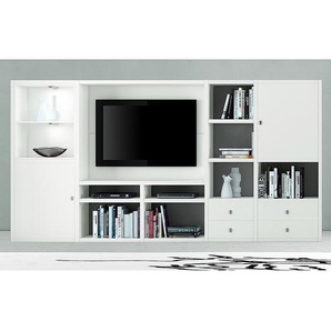 TV-Wand I Front & Regaleinsatz: Spanplatte, lackiert Korpus: Wabenplatte, lackiert Weiß/Weiß 286 x 149 x 33cm