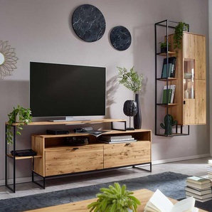 TV Wohnwand aus Wildeiche Massivholz & Metall modernem Design (zweiteilig)