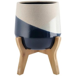 Übertopf auf Holzgestell - blau - Steingut,Bambus - 26 cm - 22.0 | Möbel Kraft