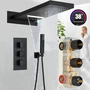Unterputz Duscharmatur Set Schwarz mit Thermostat Regendusche Duschsystem Duschset Eckig Regenduschkopf und abs Handbrause Hochwertiges 3 Funktionen