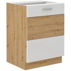 Unterschrank 60 cm Eiche Artisan + Weiß Hochglanz Küchenzeile Küchenblock Küche