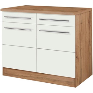 Unterschrank KOCHSTATION KS-Wien, weiß (weiß, wotaneiche), B:100cm H:85cm T:60cm, Spanplatte, Schränke, Breite 100 cm, 2 Türen, 2 Schubkästen, für viel Stauraum