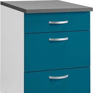 Unterschrank WIHO KÜCHEN Amrum Schränke Gr. B/H/T: 50 cm x 85 cm x 60 cm, blau (ozeanblau, hellgrau) Unterschränke 50 cm breit, mit 2 großen Auszügen