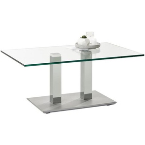 Couchtisch, Weiß, Edelstahl, Metall, Glas, rechteckig, eckig, Säule, Bodenplatte, 70x46-65 cm, höhenverstellbar, Wohnzimmer, Wohnzimmertische, Couchtische, Glas-Couchtische