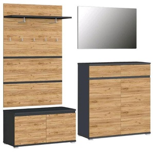 Garderobe, Anthrazit, Eiche, 4-teilig, 207x200x40 cm, Garderobe, Garderoben-Sets