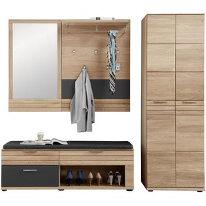 Garderobe, Graphit, Eiche, Holz, Textil, 4-teilig, Wildeiche, furniert, massiv, Garderobe, Garderoben-Sets