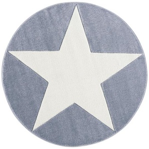 Kinderteppich Happy Rugs , Blau, Weiß , Textil , Stern , rund , Textiles Vertrauen - Oeko-Tex®, Hohenstein, Oeko-Tex® Standard 100 , für Fußbodenheizung geeignet, in verschiedenen Größen erhältlich, antistatisch, pflegeleicht, strapazierfähig , Teppiche &