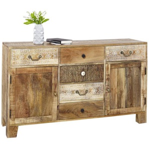Sideboard, Natur, Metall, Akazie, Mangoholz, massiv, 2 Fächer, 6 Schubladen, 140x80x44 cm, stehend, Holzmöbel, Kleinmöbel Holz, Holzkommoden, Sideboards Holz