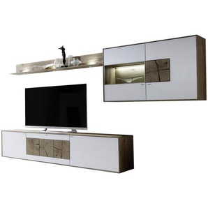 Valnatura Wohnwand Lago , Weiß, Eiche , Metall , Kerneiche , 2 Fächer , 1 Schubladen , 316x180x49 cm , Made in Germany , erweiterbar, Typenauswahl, Beimöbel erhältlich , Wohnzimmer, Wohnwände, Anbauwände
