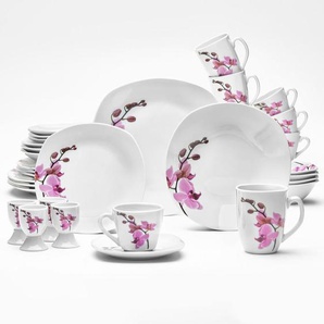 Van Well Kombiservice Kyoto, Weiß, Magenta, Keramik, 32-teilig, 190 ml,190 ml,340 ml, lebensmittelecht, Essen & Trinken, Geschirr, Geschirr-Sets,