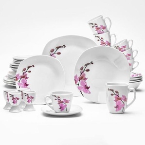 Van Well Kombiservice Kyoto, Weiß, Magenta, Keramik, 32-teilig, 190 ml,190 ml,340 ml, lebensmittelecht, Essen & Trinken, Geschirr, Geschirr-Sets,