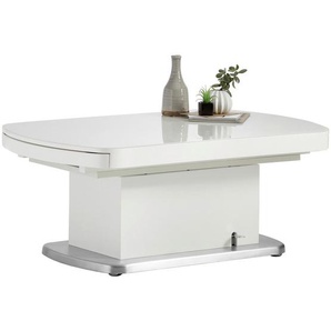 Venda Couchtisch, Weiß, Metall, Glas, Holzwerkstoff, rechteckig, Säule, Bodenplatte, 75x50x120 cm, ausziehbar, höhenverstellbar, Wohnzimmer,