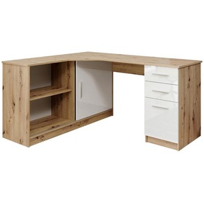 Venda Eckschreibtisch, Weiß, Eiche, Kunststoff, 2 Schubladen, rechteckig, 150x75x120 cm, Stauraum, Arbeitszimmer, Schreibtische, Eckschreibtische