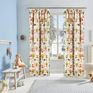 Verdunkelungsvorhang LÜTTENHÜTT Waldtiere Gardinen Gr. 175 cm, Kräuselband, 130 cm, bunt (beige, bunt) Landhaus Gardinen Gardine blickdicht, bedruckt, verschiedene Größen
