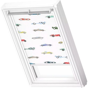 Verdunklungsrollo DKL 4654SWL, Motiv: Kids Rennautos, VELUX, verdunkelnd, ohne Bohren, in Führungsschienen, VELUX »Pick & Click!«, weiße Führungsschienen & Griffleiste