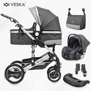 VESKA® 3 in 1 Kombi-Kinderwagen inkl. Babyschale, Buggy, Jogger mit Wickeltasche, Moskitonetz, Regencover, Spieltisch, Autoschale Fußsack, QuickFold, Aluminiumrahmen - Silber - anthrazit/anthrazit KD-31-1