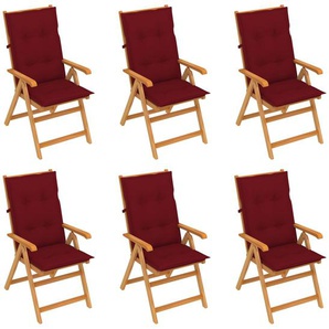 vidaXL Gartenstühle 6 Stk. mit Weinroten Kissen Massivholz Teak
