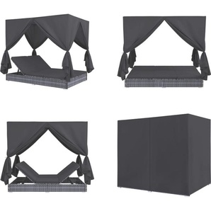 vidaXL Outdoor Lounge Bett mit Vorhängen Poly Rattan Grau - Sonnenliege - Sonnenliegen - Liegestuhl - Liegestühle HL45647