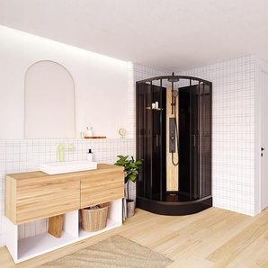 Viertelkreis-Duschkabine mit Hydromassage - Duschpaneel aus Bambus - Schwarz - 90 x 90 x 225 cm - TILOMA