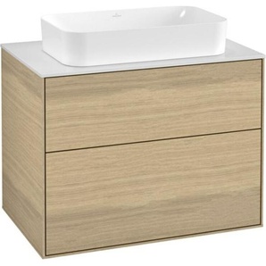 Villeroy & Boch Finion Waschtischunterschrank, 2 Auszüge, mit Beleuchtung, Waschbecken mittig, mit Hahnloch, 800x603x501mm, Glass White Matt, G22100PC