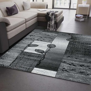 Vimoda - Designer Teppich Grau Schwarz Creme Blumenmotiv meliert und Konturenschnitt von Hand,120x170 cm