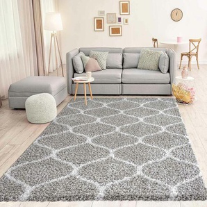 Vimoda - Hochflor Teppich Muster Shaggy Marokkanisch Rauten Deko Wohnzimmer Grau Creme weich Robust Ethno,120x170 cm