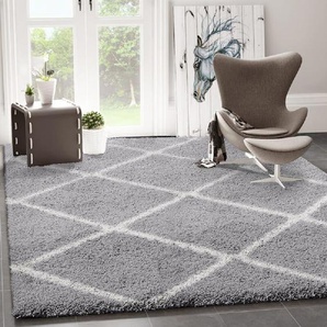 Vimoda - Hochflor Teppich Wohnzimmer Shaggy Skandi Design Rautenmuster Grau Creme Robust Weich Strapazierfähig,150 cm Quadrat