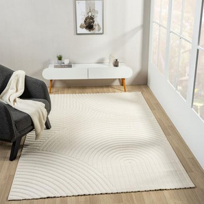 Vimoda - Moderner Kurzflor Teppich Wohnzimmer Schlafzimmer Skandinavisch in Creme,Ø 160 cm Rund, Wellen